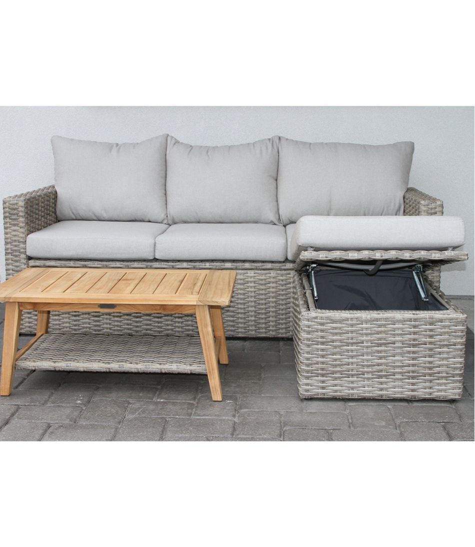 Wicker Storage Sofa and Teak Coffee Table Set L.L.Bean Best Seller
