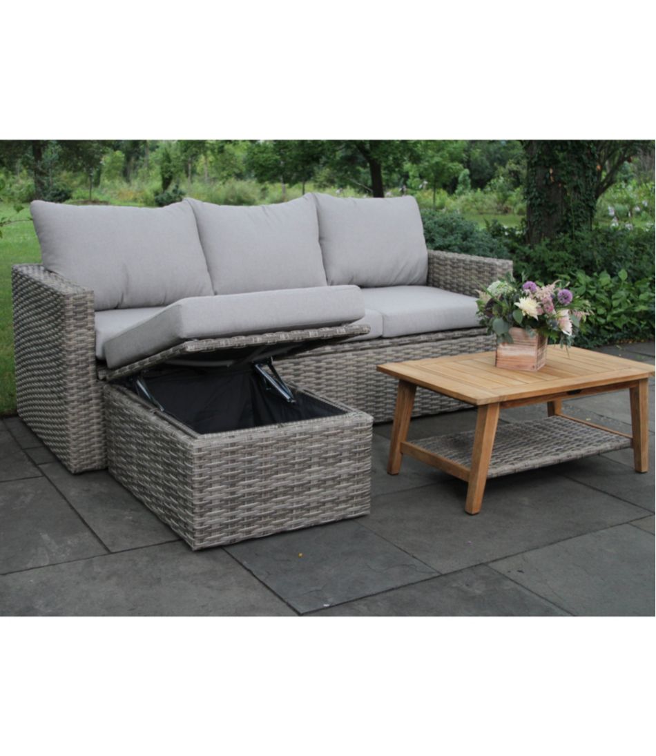 Wicker Storage Sofa and Teak Coffee Table Set L.L.Bean Best Seller