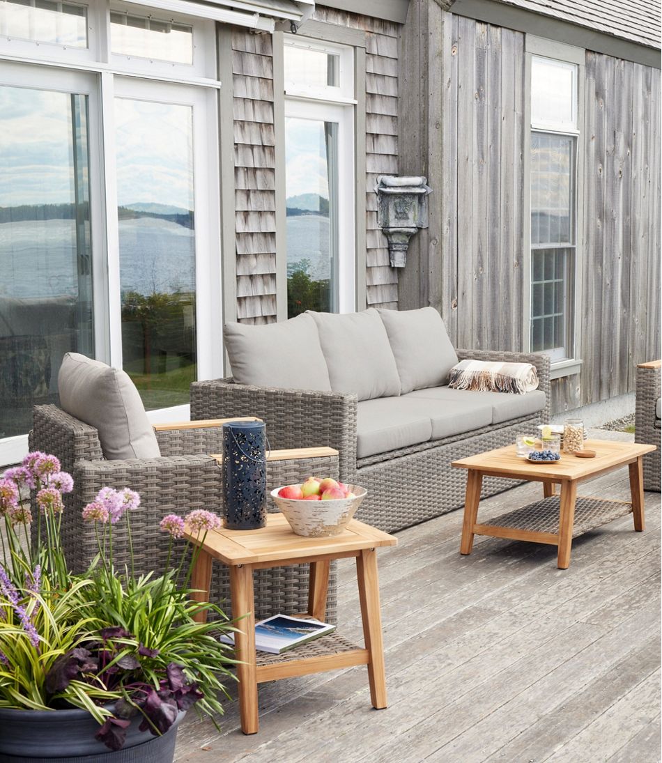 Wicker Storage Sofa and Teak Coffee Table Set L.L.Bean Best Seller