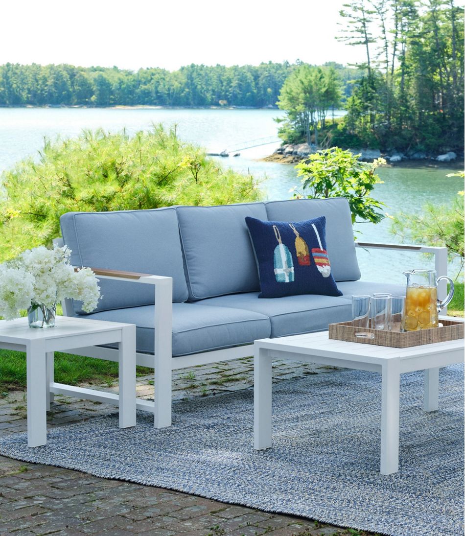 White Aluminum Deep Seating Sofa with Blue Cushions L.L.Bean Featured